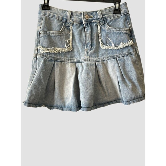 Women’s Denim Pleated Skirt Y2K Fringed Pockets Stretch Sz Medium Cotton Viscose - Picture 2 of 7